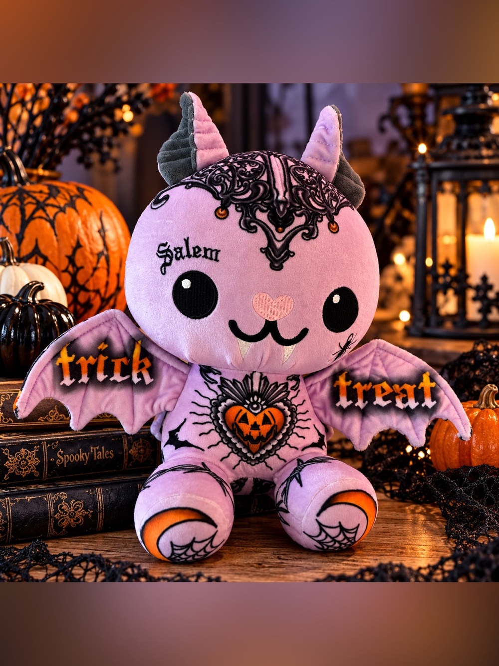 Tattoo Zoo Frankie Modeling Bat Plush Salem Purple Goth Halloween Tattoo 2023